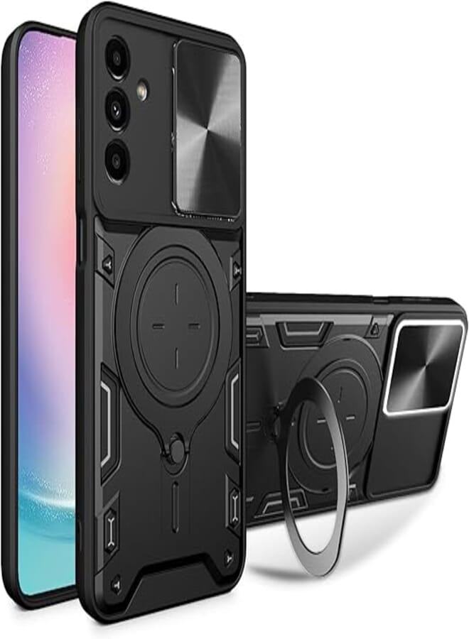FASCINATION phone case compatible with Samsung Galaxy A15 with texture sliding camshield Hard Shockproof Heavy Duty CD ring Case for Samsung Galaxy A15 (Black)